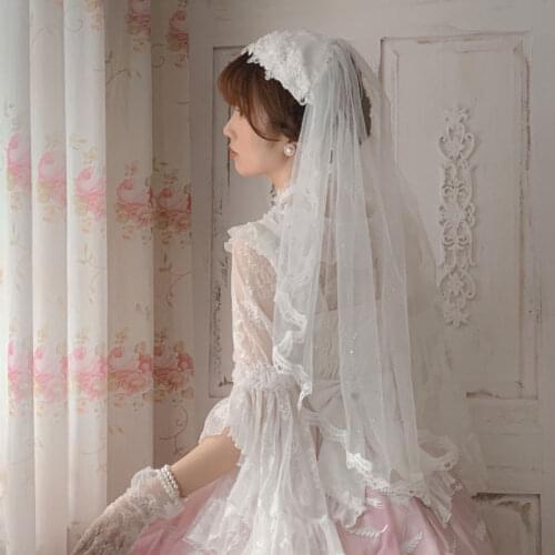 Floating Feather ~ Sweet Embroidered Lolita Veil Fingertip Bridal Veil With Lace Trimming