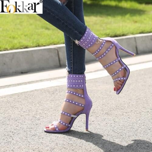 Eokkar 2019 Open Toe Big Size 45 Sandals Women Zipper Thin High Heel Summer Shoes Black Ladies Flip Flops Sandals Size 34-45