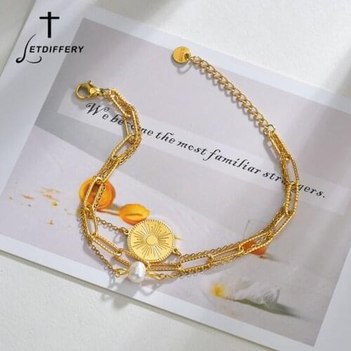 Letdiffery Fashion 3 Layers Sun Charms Bracelets for Women Stainless Steel Imitation pearls Wedding Jewelry Dropshipping