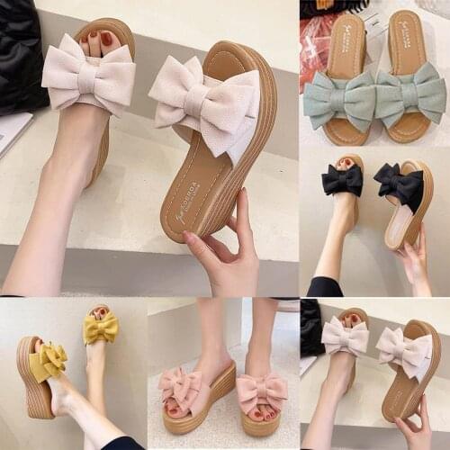 Women Sandals Platform Sandals Shoes Women Bow 2021 Summer Sandals Bowknot Beach Slippers Platform Slope Heels Plus Size Shoes