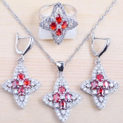 New Shining Red Stone Zircon Womens Silver Color Jewelry Sets Earrings/Pendant/Necklace/Rings QZ0343
