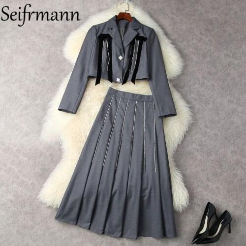 Seifrmann New 2021 Autumn Women Fashion Designe Skirts Set Long Sleeve Short Coats + High Waist Print Long Skirts 2 Pieces Suits