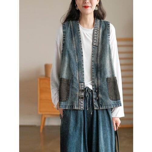 2021Spring Denim Vests Women Retro Patchwork Embroidery Frogs Vintage Female Tide Tops Cotton