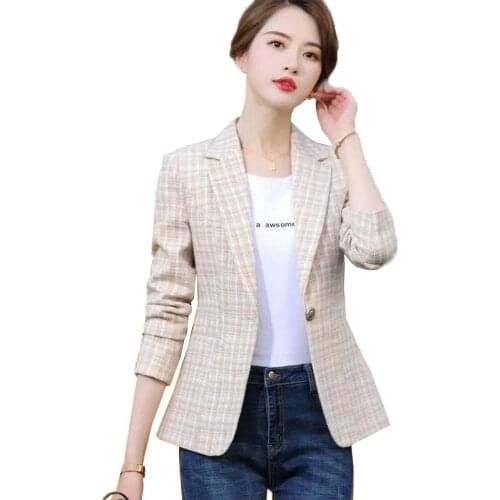 Plaid Short Blazer Jacket Women Short Slim Coat 2021 Spring Autumn New Korean Style Small Suit Womens Blazer Jacket Apricot 32