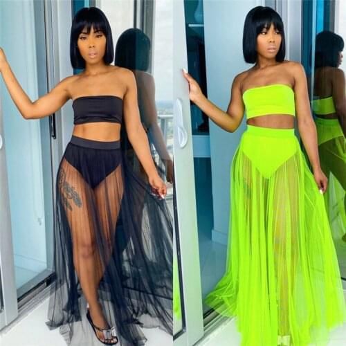 2021 Newest Arrival Women Summer Sexy Swimsuits Sets Strapless Bandeau Tops+Swim Brief+Mesh Pleated Maxi Skirts Beachwear Suits