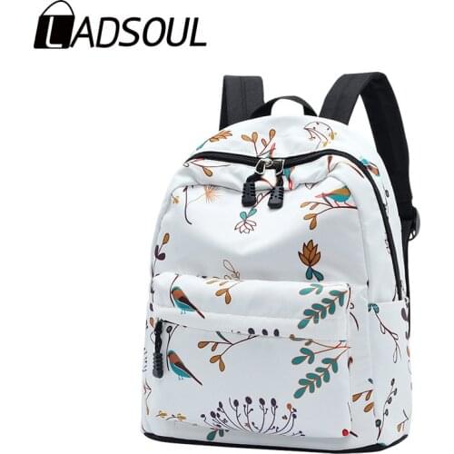 LADSOUL Nylon Printed Backpack Female Korean Fashion Lightweight Travel Backpack Fresh College Style Casual Student Bag
