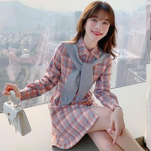 LLZACOOSH Women New Fashion Summer Turn Down Collar Single-Breasted Long Sleeve Plaid Elegant Lady Shirt A Line Dress With Shawl