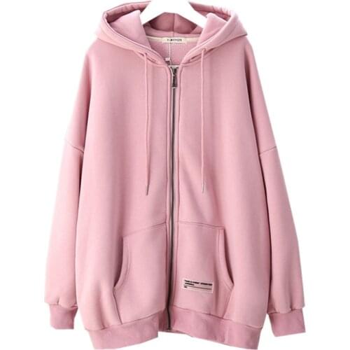Winter Cotton Women Hoodie Women Sweatshirt Commuter Solid Zipper Harajuku Pink Long Sleeves Keep Warm Pullover Female Coat