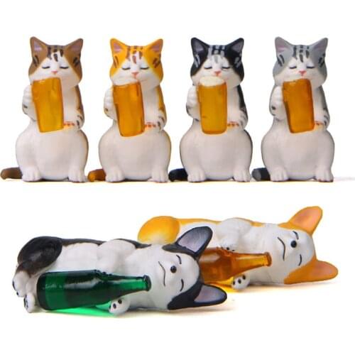 1pc Funny Cat Dog Drink Wine Cartoon Animal Figurine Model Garden Fairy Decor Glass DIY Accessories Home Decoration Miniature