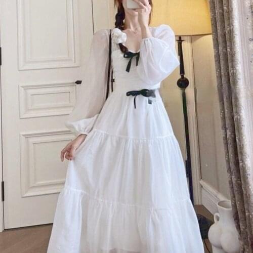 2021 Summer Elegant Fairy Dresses Women V-Neck Sexy Kawaii Casual Vintage Dress Solid Puff Sleeve Sweet Beach Party Midi Dresses