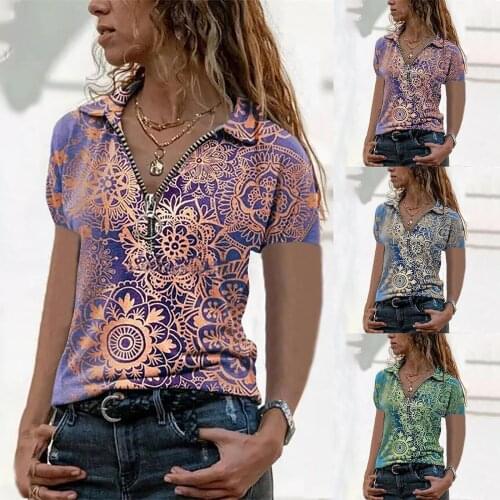 2021 Summer New Tshirt Women Print Casual T-shirt Zipper Sexy Fasion V Neck Short Sleeve Cotton Pullover Plus Size T Shirt
