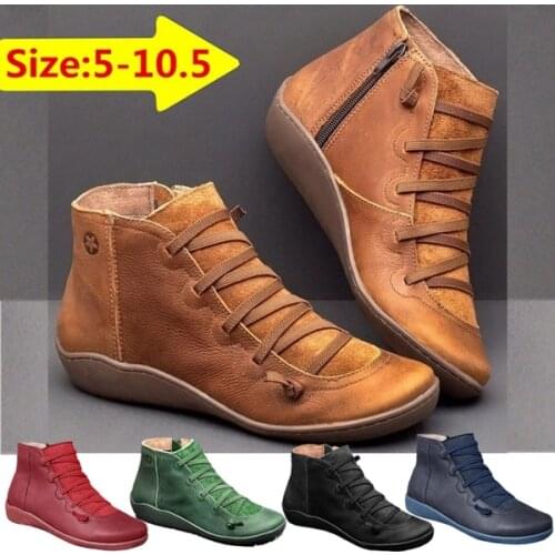 Women PU Leather Ankle Boots Autumn Winter Cross Strappy Vintage Punk Flat Shoes Boots Comfort Soft Bottom Side Zip Short Boots