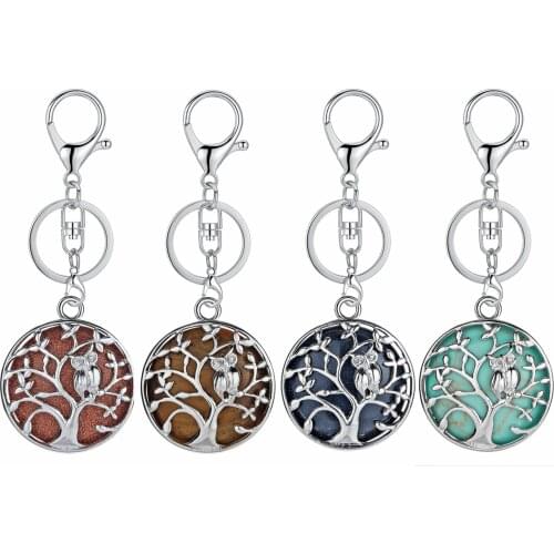 ASHMITA Life of Tree with Small Owl Stone Pendant Keychain Natural Crystal Coin Chakra Car Home Jewelry Keyring Key chain
