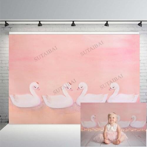 Pink Girl Cartoon Swan Theme Party Backdrops Baby Shower Birthday Decoration Photography Background For Photo Studio Photophone