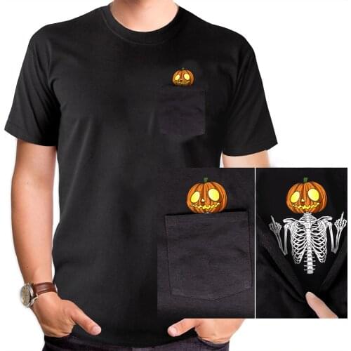 CLOOCL Cotton T-Shirts Summer Pocket Halloween Pumpkin Printed T-shirt Men for Women Shirts Tops Funny Cotton Black Tees