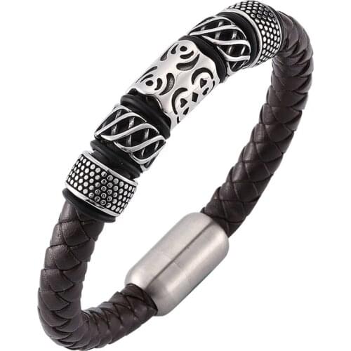 Brown Braided Leather Vintage Bracelet Wristband Men Jewelry Punk Stainless Steel Magnetic Clasp Party Trendy Accessories SP0140