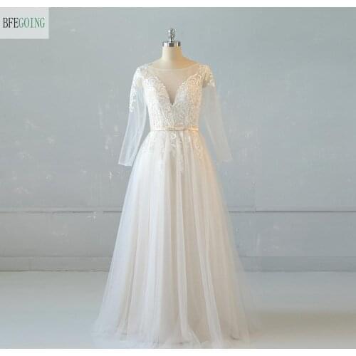 Ivory Lace Tulle Long Sleeves Scoop Floor-length A-line Wedding dress Real/Actual Photos Custom made