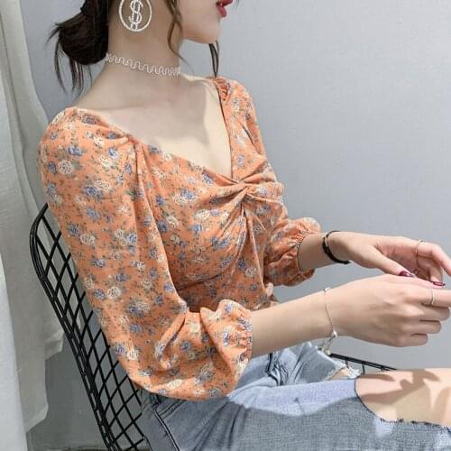 Summer Women Fashion Casual Blouse Lady Floral Print Pleated Tops Female Square Collar Short Chiffon Shirts Girl Plus Size Cloth