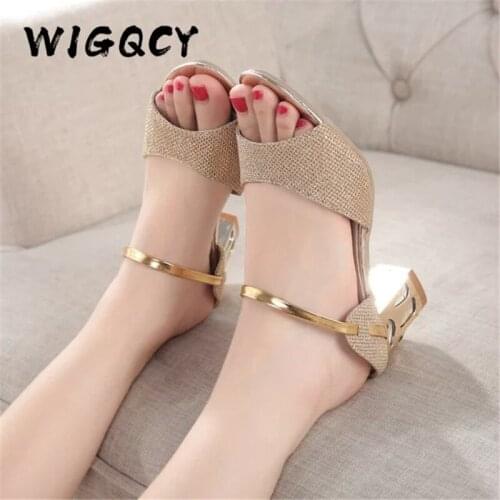 Metal Square Heel Women Sandals Women Heel Shoes Gold Sliver Peep Toe Party Ladies Sandals Fashion Slip-On Summer Shoes Woman