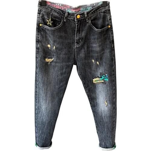 Spring and summer 2021 Fashion ripped jeans mens feet pants stretch slimming brand beggar pants casual thin pencil jeans