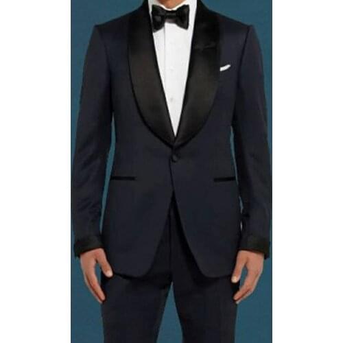 Fashion Navy Blue Men Suits With Black Lapel Groom Tuxedos Groomsmen Wedding Terno Masculino Slim 2 Pieces (Jacket+Pants)