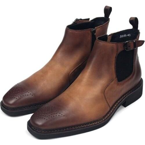 New winter handmade carved genuine leather brogue shoes ankle boots men slip on square toes men shoes classics mens boots