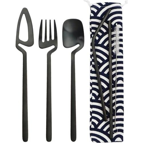 7Pcs Black Portable Dinnerware Set Knife Fork Spoon Straw Set 304 Stainless Steel Travel Camping BBQ Dinnerware Set Storage Bag