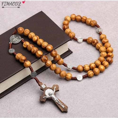 FIMAODZ Natural Wood Beads Christian Catholic Necklace Saint Benedict Medal Cross Jesus Pendant Woven Religious Jewelry Gift