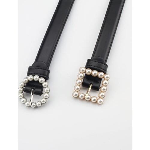 New Leather Belt Womens Fashion Wild Solid Color Belt Alloy Square Buckle Inlaid Pearl Decoration Sweet Style Belt Women