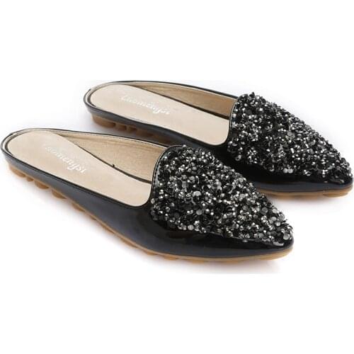 Luxury Flat Slippers Women Mules Shoes Crystals Slides Ladies Dress Shoes Woman Designer Pointed Slippers Plus Size Mules 34-43