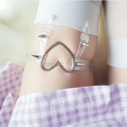 Sexy Kawaii Punk Gothic Amo Handmade Heart Harness, Clear Leg Garter Belt, Studded Spikes Thigh Loop Ring