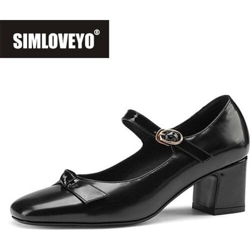 SIMLOVEYO New 2021 Women Pumps Square Toe 5.5cm Block Heels Genuine Leather Buckle Bowtie Classic Big Size 32-43 Date Casual B25
