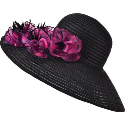 Large Brim Women Summer Hats UV Protection Straw Sun Hat Ladies Floral Fascinator Wedding Kentucky Derby Party Floppy Hats A366