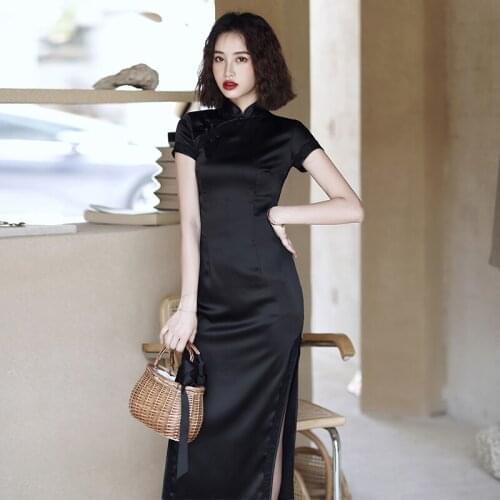 Oriental Dress Black Qipao RealSilk Retro Cheongsam Customized Chinese Traditional Female Skirt Tight Fitting Summer China Dress
