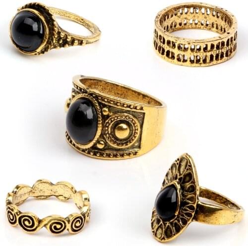 Boho Vintage 5Pcs/Set Black Acrylic Gem Metallic Fashion Finger Rings Korea Hit Rings Women Girl Party