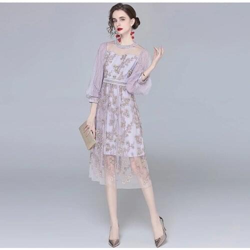 ZAWFL Summer Runway Women Lace Lantern Sleeve Wedding Party Robe Elegant Vintage Lady Mesh Embroidery Dress Vestidos