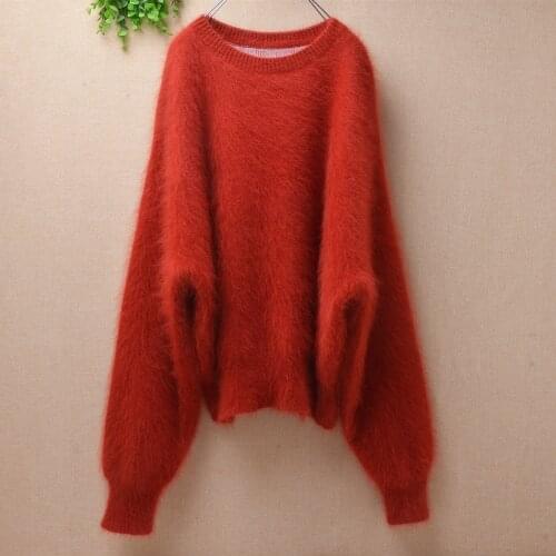 Female women autumn winter clothing hairy mink cashmere knitted long batwing sleeves o-neck loose pullover angora fur sweater