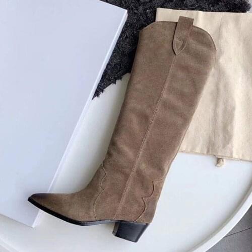 2021 New Cow Suede Women Riding Boots Retro Slip-on Chunky Heel Knee High Boots Pointed Toe Autumn Boot Ladies Motarcycle Boots