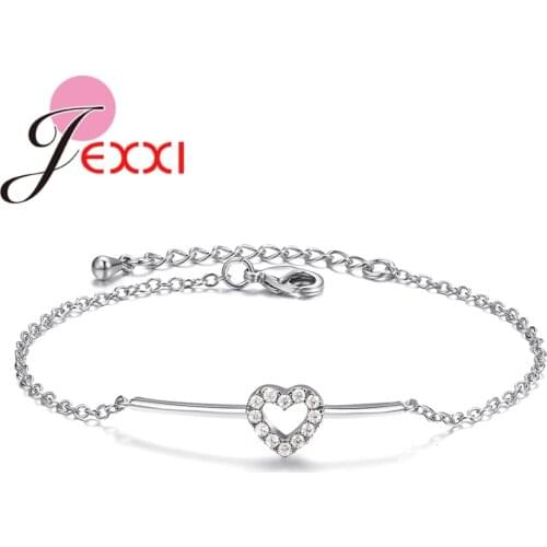 Simple Style 925 Sterling Silver Cubic Zirconia Hollow Love Heart Women Wedding Party Cuff Chain Bracelet High Quality Jewelry