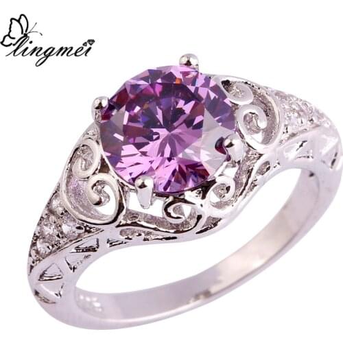 Lingmei Wedding Party Junoesque Purple Rainbow White CZ Silver Color Rings Size 6-10 11Wholesale Women Rings Fashion Jewelry