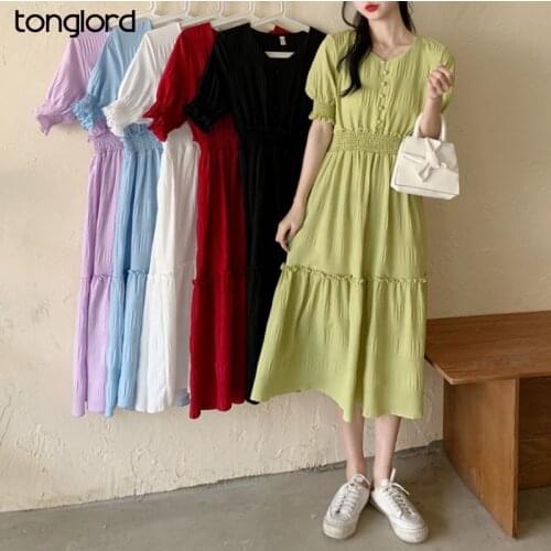 Women Solid Chiffon Midi Dress 2021 Summer Short Sleeve Pleated Elastic Waist V-Neck Dress Female Bohemian Holiday Vestidos New