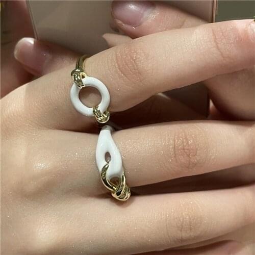 Origin Summer Vintage White Enamel Irregular Rings for Women Gold Color Metal Geometric Twisted Adjusting Open Ring Accessories
