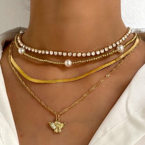 Golden Multilayer Angel Pendant Metal Twisted Chain Necklace Jewelry For Women Pearls Seed Beads Tennis Chain Choker Necklaces