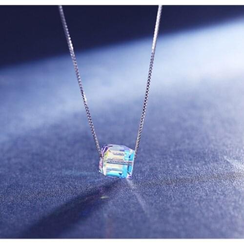 925 Sterling Silver Shiny Zircon Crystal Square Geometric Chain Necklace Korean Pendant Handmade Jewelry for Women Gift New