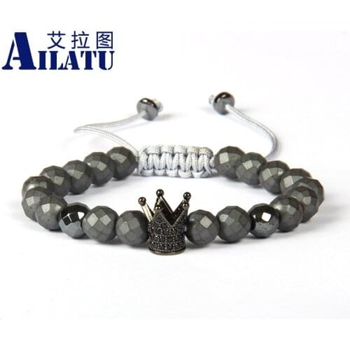 Ailatu Retro Style Elements Cz Crown Charm Men Macrame Bracelet Faceted Matte Hematite Stone Beads Jewelry Pulseira Hombres
