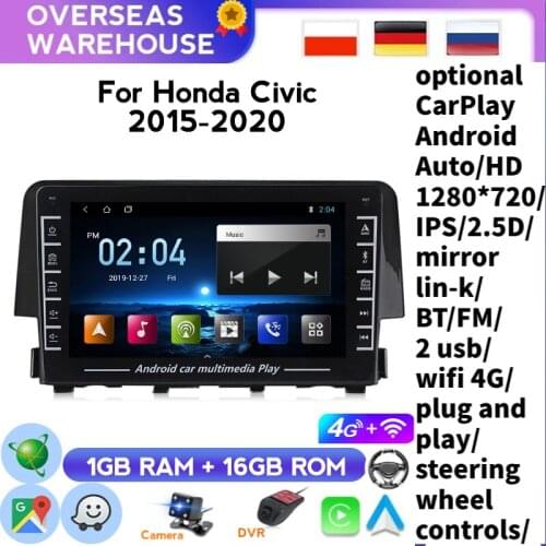 Head Unit Auto Radio Android Car Radio Stereo Multimedia For Honda Civic 2016 2017 2018 2019 Carplay Support Multiple Languages