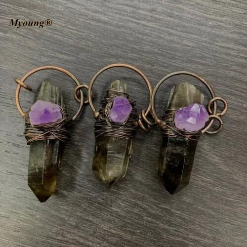 Bronzing Natural Smoky Crystal Quartz Pillar Vintage Necklace Pendant Amethysts Druzy Paved Boho Jewelry Accessories MY210708