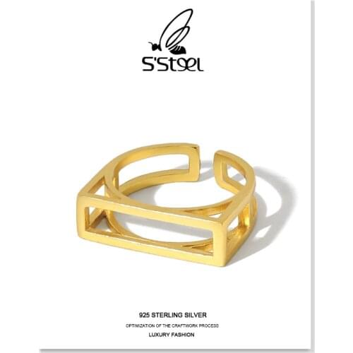 SSTEEL Designer Ring 925 Sterling Silver For Women Minimalist Geometric Square Open Ring Plata 925 Para Mujer Fine Jewellery