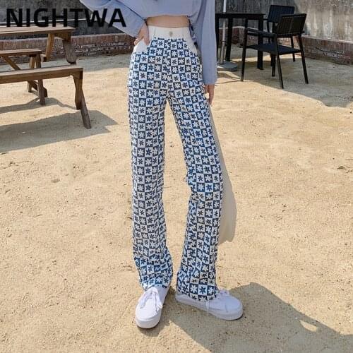 NIGHTWA Hot Blue Flowers Print Straight Leg Jeans Women Spring Casual Loose High Waist Splicing Jeans Women Blue Denim Pants