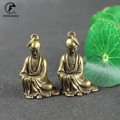 Antique Bronze Dharma Ancestor Figures Smal Ornaments Copper Bodhidharma Buddha Miniatures Statue Keychains Desk Decorations